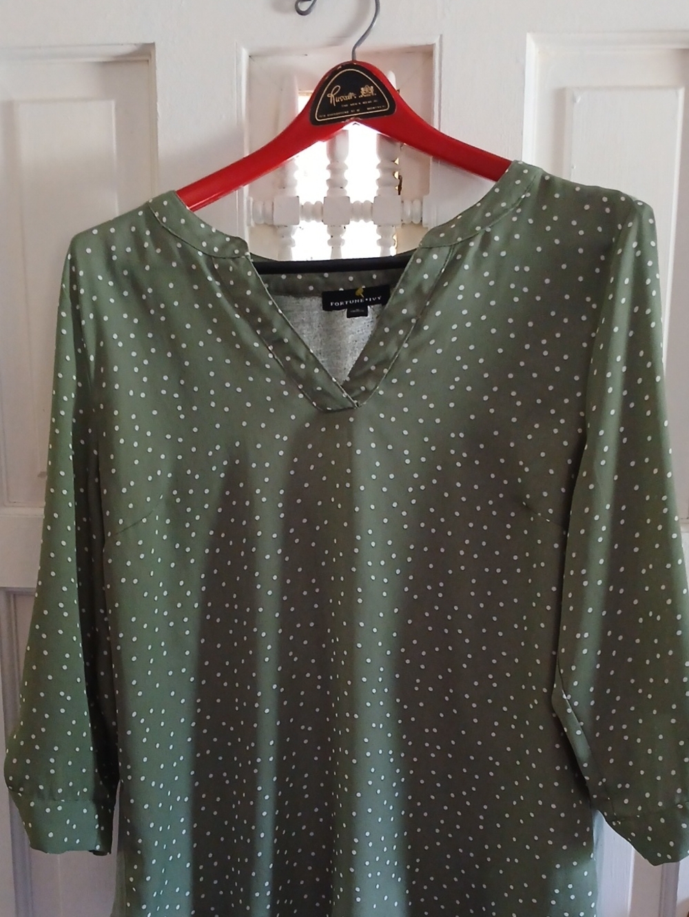 Worthington Olive Green Polka Dot Split-Neck Tunic